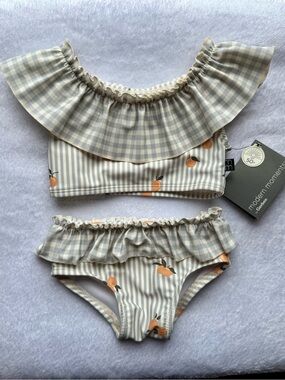 Girls Two-Piece Ruffle Swimsuit with Peach Print - Neutral Gingham & Stripes